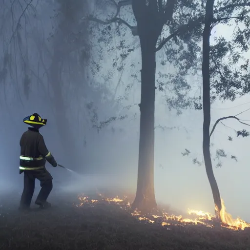 Image similar to stunning award winning photograph of a firefighter spraying water on a burning tree on a foggy night