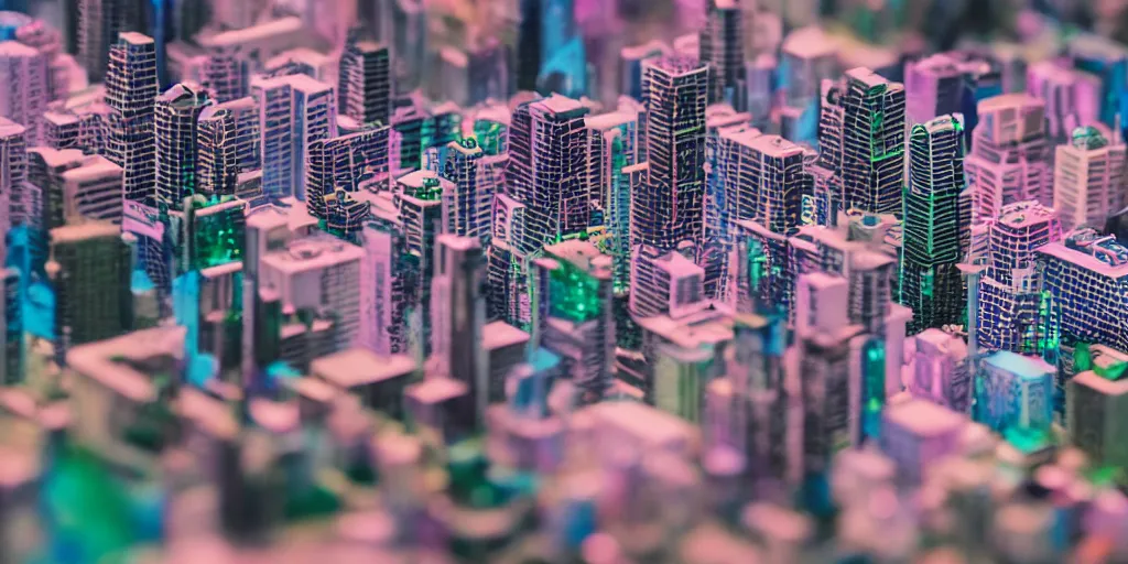 Image similar to macro photo of a miniature vaporwave city, canon 8 0 d, canon 1 0 0 mm f / 2. 8, 4 k,