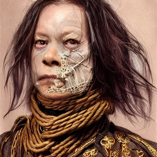 Image similar to portrait of a Shibari rope wrapped face and neck, headshot, insanely nice professional hair style, dramatic hair color, digital painting, of a old 17th century, old cyborg merchant, amber jewels, baroque, ornate clothing, scifi, realistic, hyperdetailed, chiaroscuro, concept art, art by Franz Hals and Jon Foster and Ayami Kojima and Amano and Karol Bak,