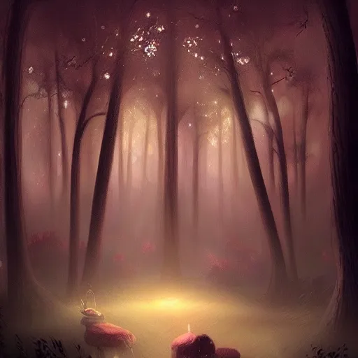 Image similar to A ethereal forest at night, magical and surreal, light and shadows create a dream-like atmosphere, soft and dreamy lighting, digital painting, concept art, artstation trending, beautiful, by Tracie Ching