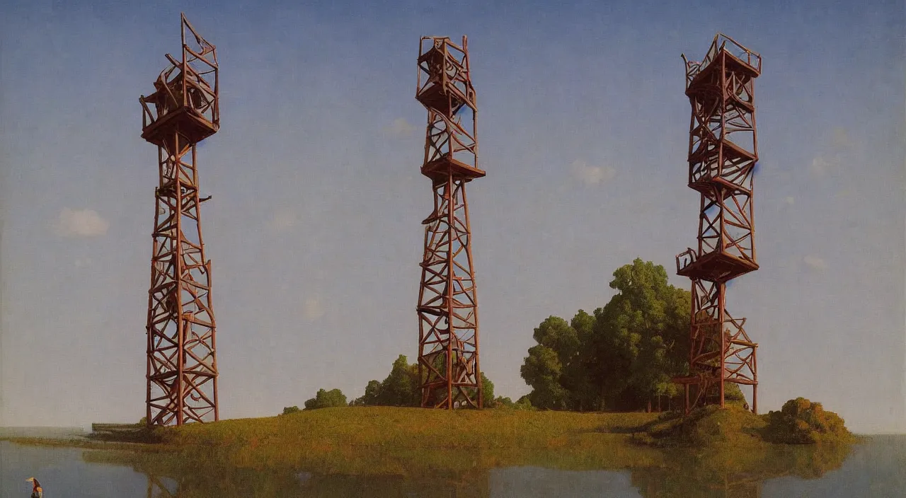 Prompt: single flooded simple fork wooden tower, very coherent and colorful high contrast!! masterpiece by rene magritte simon stalenhag carl spitzweg syd mead norman rockwell edward hopper james gilleard, minimalist, dark shadows, sunny day, hard lighting