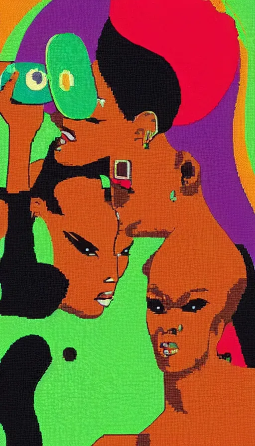 Image similar to beautiful still from retro snes arcade game featuring grace jones feeding her bioenhanced tamagotchi child, hyperreal detailed facial features and uv lighting, retro nintendo bitmap pixel art