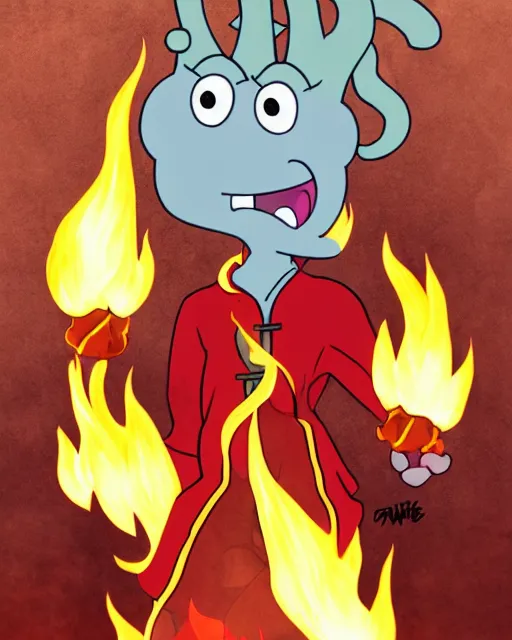 Image similar to squidward wearing fire nation clothing and practicing firebending outside at susnset [ photorealistic ]