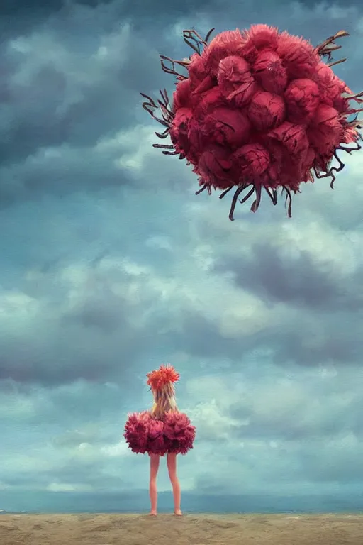 Image similar to closeup, giant flower head, a girl on beach, surreal photography, wind and cold, dramatic sky, impressionist painting, digital painting, artstation, simon stalenhag