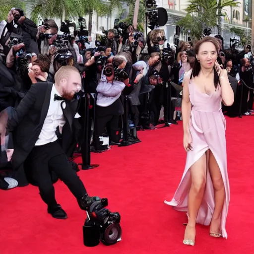 Image similar to hyperrealistic!! Drunk Actor Red Carpet Paparazzi, puke, 8K, cinematic lights