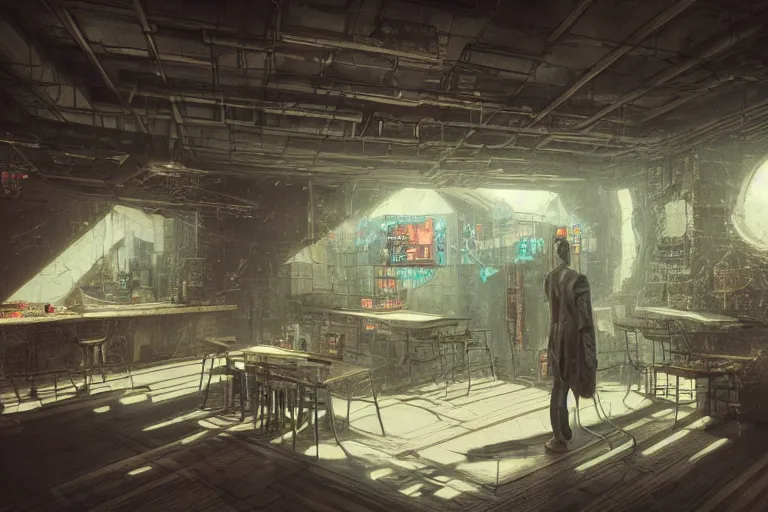 Image similar to ultra mega super hyper realistic Digital concept interior design in style of Hiromasa Ogura and Josan Gonzalez of cyberpunk tavern with stone walls and neon lights, a lot of electronics, many details in style of Hiromasa Ogura and Josan Gonzalez. Natural white sunlight from the transperient roof. Rendered in VRAY and DaVinci Resolve and MAXWELL and LUMION 3D, Volumetric natural light