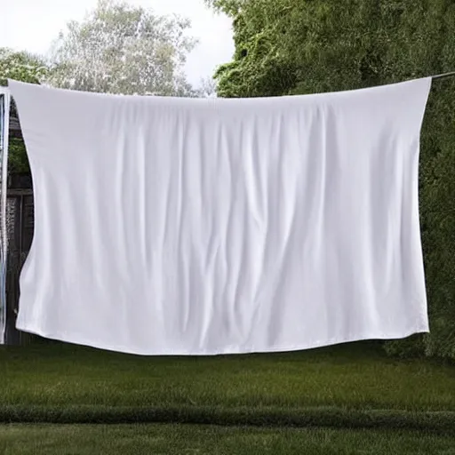 Prompt: hyper realistic photo, happy Donald Trump hanging white linen sheets on a clothesline in a backyard, sunny day