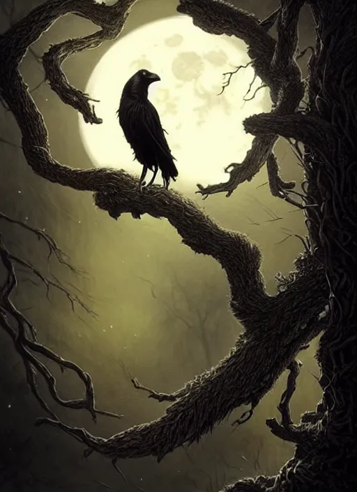 Image similar to side portrait dark crow on tree in front of the full big moon, fine art, awesome fantasy book cover on Pinterest, award winning, fantasy forest landscape, fantasy magic, dark golden light night, intricate, elegant, sharp focus, illustration, highly detailed, digital painting, concept art, matte, art by WLOP and Artgerm and Greg Rutkowski, masterpiece, trending on artstation