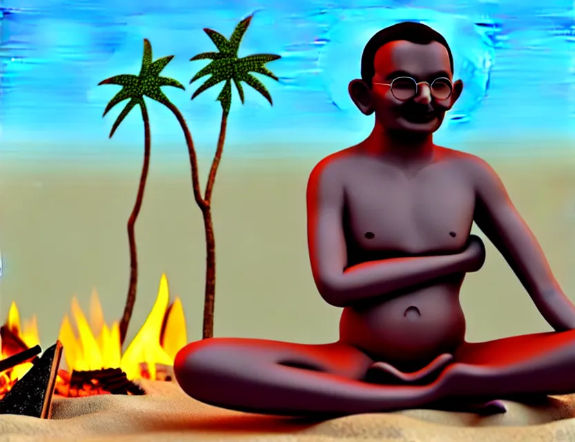 Prompt: gandhi at the beach sitting on the sand next to a campfire with palm trees in the back, big head art, 3 d close up profile portrait, concept artwork, 3 d render, official art, promotional art beautiful intricately detailed, 8 k,