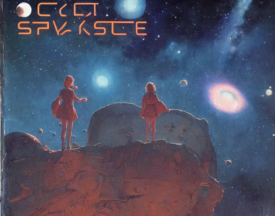 Image similar to illustrated by moebius and greg rutkowski, romantic!!! space scene!! with standing young girl!!!!, orbit of earth!, futuristic orbital station!!!!, nebulae!!, starry sky!!, rule of third!!!!, vintage cover of sci - fi magazine, cinematic!!