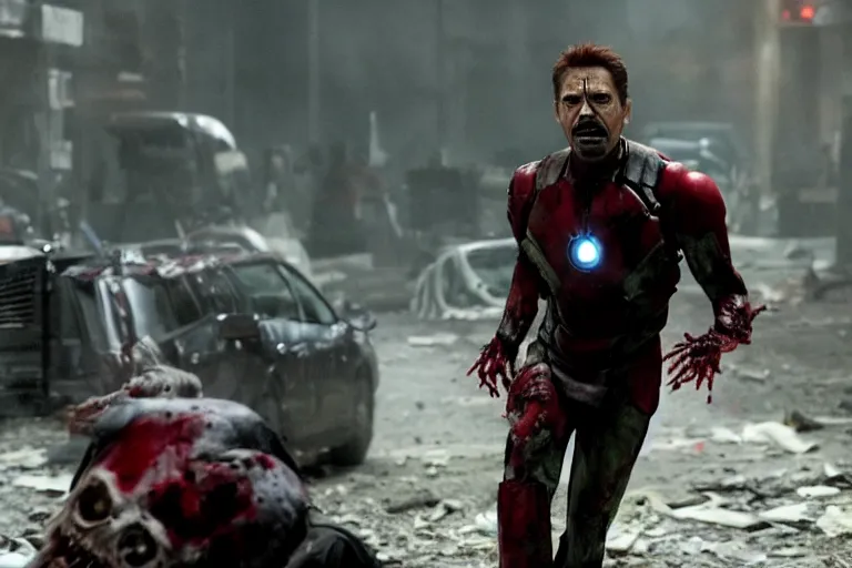 Image similar to film still of zombie zombie zombie Tony Stark as a zombie in new avengers movie, 4k