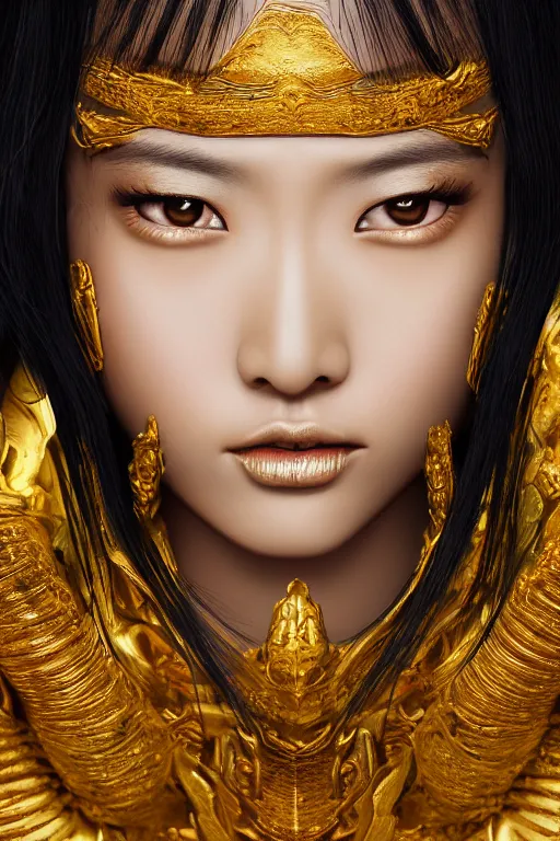 Image similar to realistic detailed painting of Asian woman, fair skin, big eyes, long black hair, no bangs, wearing sculpted textured golden armor, closes her eye, battle damage, intricate complexity, close-up of the front of the face, super sophisticated texture, resolute expression, back lighting, 4K resolution, symmetric, clear facial features, golden ratio, by Ruan Jia and Mandy Jurgens and William-Adolphe Bouguereau, Karol Bak, smooth, sharp focus, rich deep colors, Unreal Engine 5, digital render, intricate, ultra realistic, concept art,