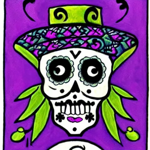 Prompt: a calavera wearing a purple sombrero smoking a joint, art nouveau, beautiful