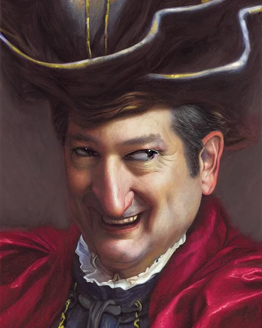 Image similar to closeup portrait of ted cruz, court jester in renaissance era,, masterpiece, by donato giancola and greg rutkowski and wayne barlow and zdzisław beksinski, high contrast, realistic face