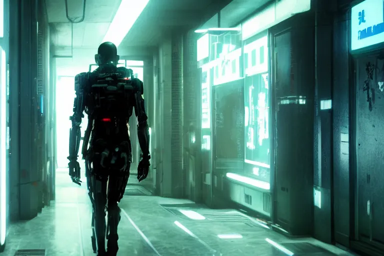 Prompt: cyberpunk single skeletal black mecha android walking inside hallway, Skeletal face !!!!!!singular-eye!!!!!!!!. long limbs black shiny. glowing_red_eye volumetric lighting slightly hazy. RTX UE5 Artstation Bladerunner_2049_scene!!!!!! Cyberpunk 2077 bladerunner2049!!! bladerunner!!! black android walking down white hallway slightly offset fancy hallway. reflective-room!!!!! Tom Bagshaw Greg Rutkowski Alphonse Mucha,.