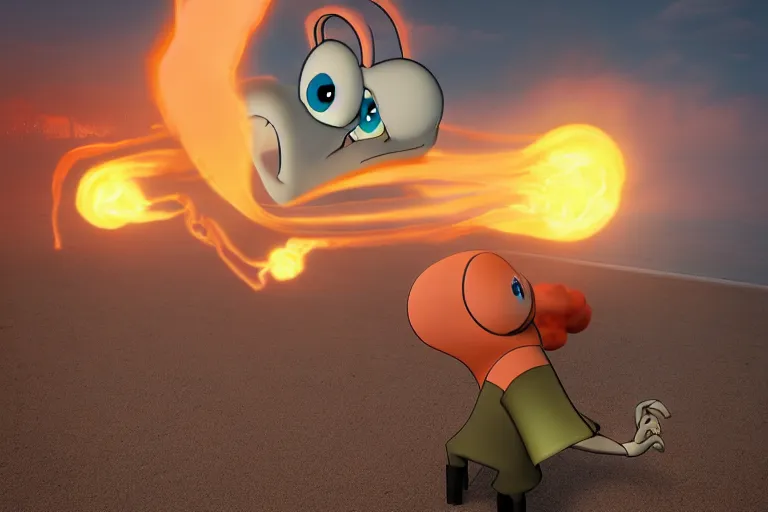Prompt: squidward firebending outside at susnset, 3 d render