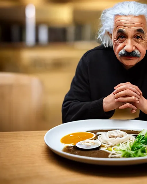 Image similar to a portrait of albert einstein sitting at the dining table with a plate containing tonkotsu ramen in front of him, highly detailed, trending on artstation, bokeh, 9 0 mm, f / 1. 4