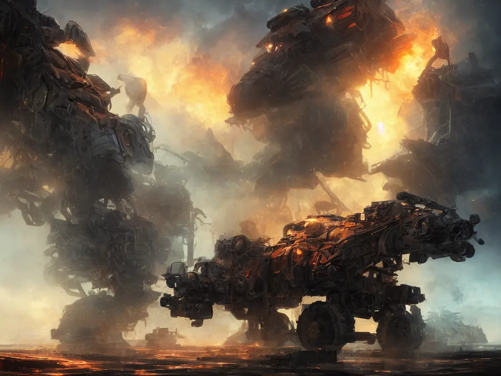 Image similar to portrait of timberwolf battlemech on fire, battle damage, sunset glow around head, full body portrait, intricate, elegant, highly detailed, digital painting, artstation, concept art, smooth, sharp focus, illustration ,sunset, dramatic lighting by Marc Adamus art by artgerm and greg rutkowski and alphonse mucha, background is a city in ruins