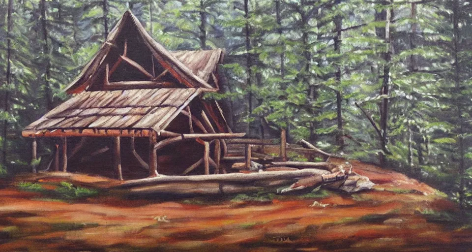 Image similar to one log cabin in the thick forest, beautiful painting, oil on canvas, by Ewa Czarniecka, award winning masterpiece,