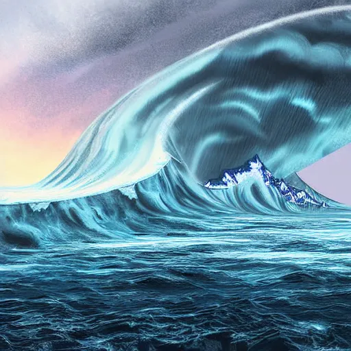 Image similar to giant tsunami wave that is 20 miles high, about to crash into a small coastal town. digital painting, higly detailed, photo realistic, intricate, large scale