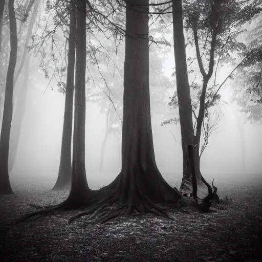 Image similar to deep misty forest with big black horned demon behind the tree, monochrome lomography