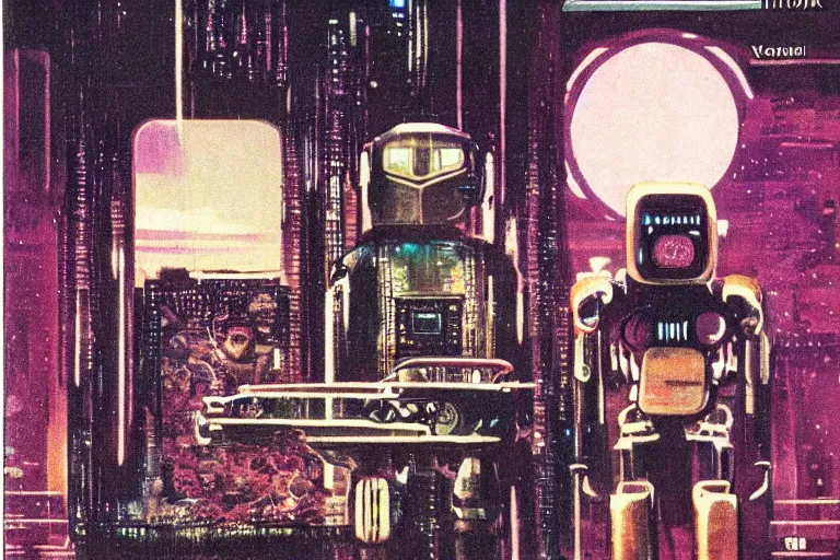 Image similar to 1979 OMNI Magazine Cover depicting a creepy imposing Robot standing in a throne room. Cyberpunk Akira style by Vincent Di Fate