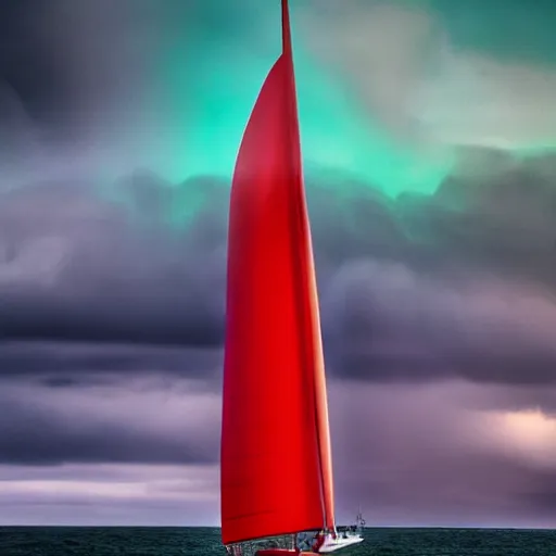 Prompt: minimalist symmetrical red clouds and green ocean in iceland fjord with tall futuristic zaha hadid sailboat painting by ivan aivazovsky