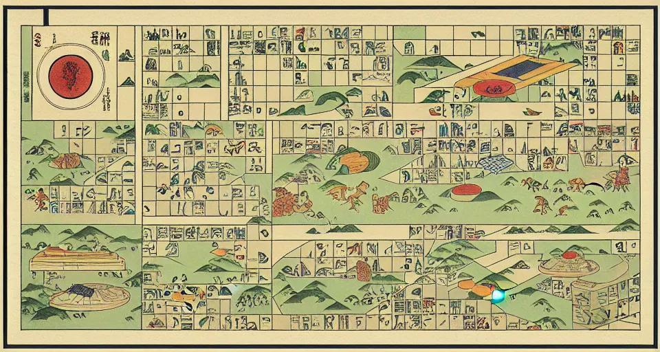 Image similar to isometric miniature map dashboard with time series charts, pie plots and other modern graphics, with small creatures on it. monografia by diego rivera ( ukiyo - e influence )