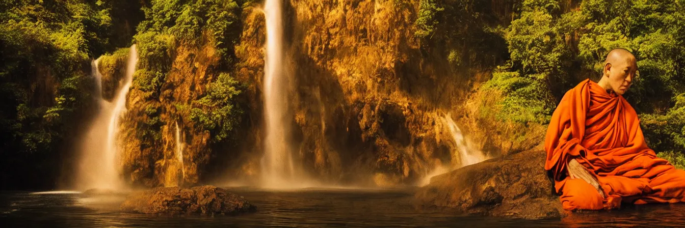 Image similar to dang ngo, annie leibovitz, steve mccurry, a simply breathtaking shot of mediating monk in orange, giantic waterfall, sunshine, golden ratio, wide shot, symmetrical