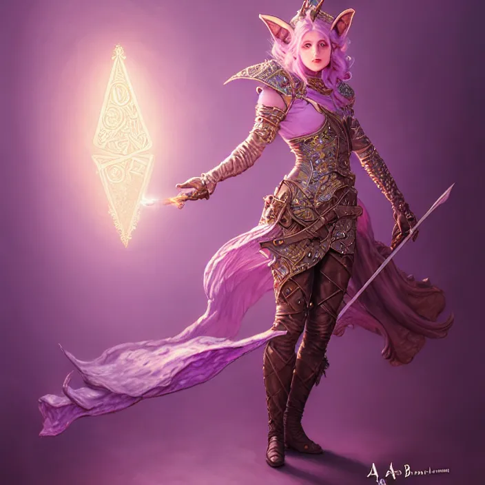 Image similar to d & d bard with her lilac leather armor, volumetric lighting, fantasy, intricate, elegant, highly detailed, lifelike, photorealistic, digital painting, artstation, fox ears illustration, concept art, sharp focus, by john collier and albert aublet and krenz cushart and artem demura and alphonse mucha