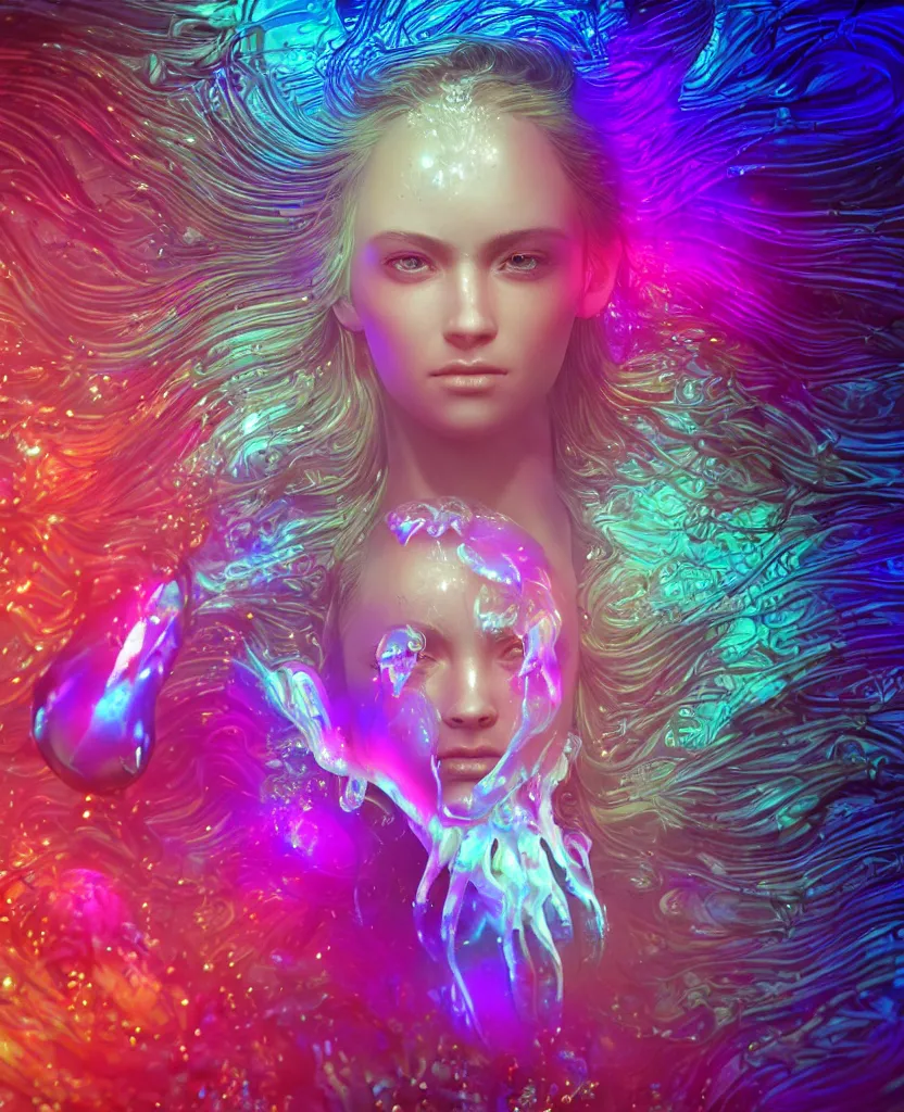 Image similar to iridescent close-up macro portrait of the face of a beautiful princess, epic angle and pose, symmetrical artwork, 3d with depth of field, blurred background, cybernetic jellyfish female face skull phoenix bird, translucent, nautilus, energy flows of water and fire. a highly detailed epic cinematic concept art CG render. made in Maya, Blender and Photoshop, octane render, excellent composition, cinematic dystopian brutalist atmosphere, dynamic dramatic cinematic lighting, aesthetic, very inspirational, arthouse. y Greg Rutkowski, Ilya Kuvshinov, WLOP, Stanley Artgerm Lau, Ruan Jia and Fenghua Zhong