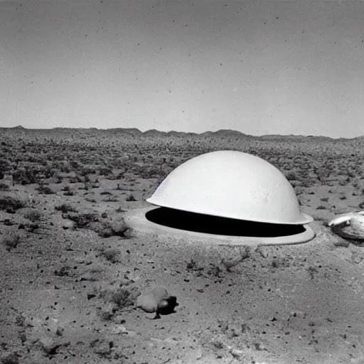 Prompt: A crashed flying saucer in the desert surrounded by alien bodies. 1940s photograph.