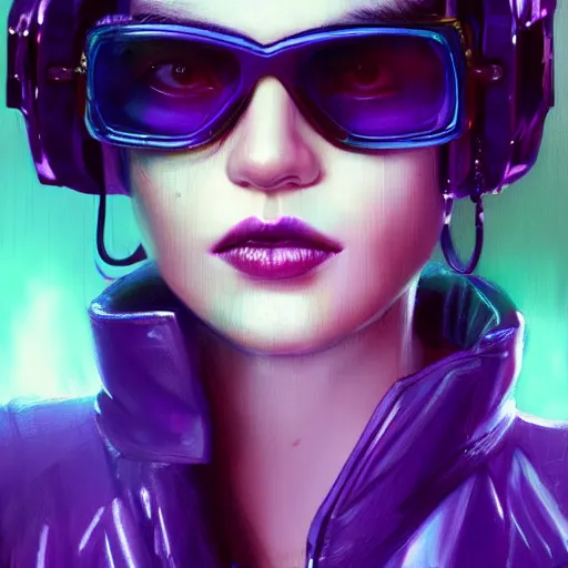 Image similar to very detailed masterpiece painting of a very beautiful wet young mexican cyberpunk woman with blue shutter shades, dark purple hair and a purple leather jacket, closeup, cyberpunk background, purple lighting, raining, portrait, artstation, concept art by greg rutkowski