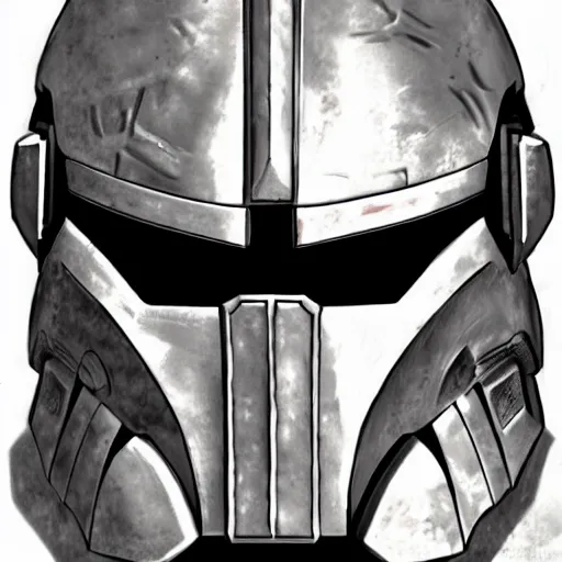 Image similar to a mix between predator and a mandalorian, symmetrical concept art close up