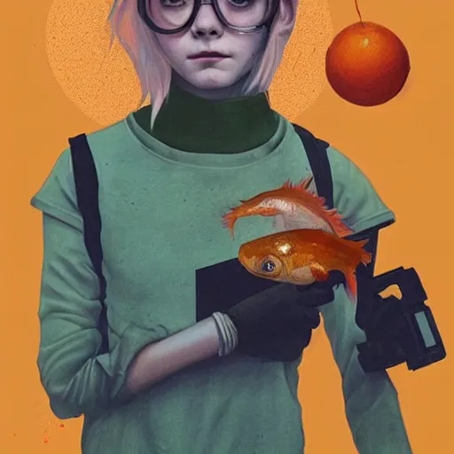 Image similar to Elle Fanning as Solid Snake holding a fish bowl with an orange gold fish inside picture by Sachin Teng, asymmetrical, dark vibes, Realistic Painting , Organic painting, Matte Painting, geometric shapes, hard edges, graffiti, street art:2 by Sachin Teng:4