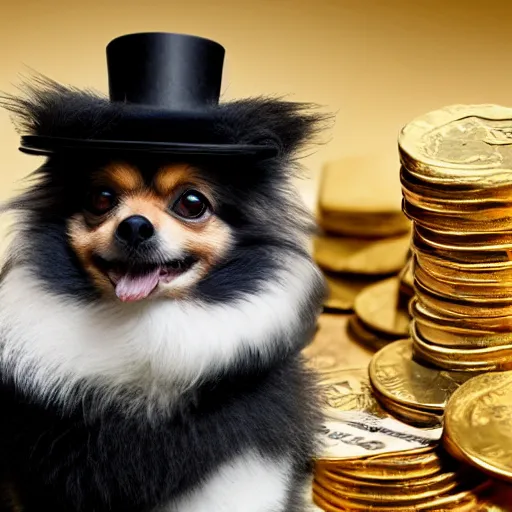 Image similar to A pomeranian wearing a top-hat and a monocle, sitting on top of a large pile of gold coins