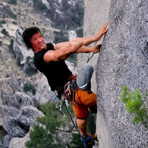 Image similar to sylvester stallone climbing a difficult rock climbing mountain