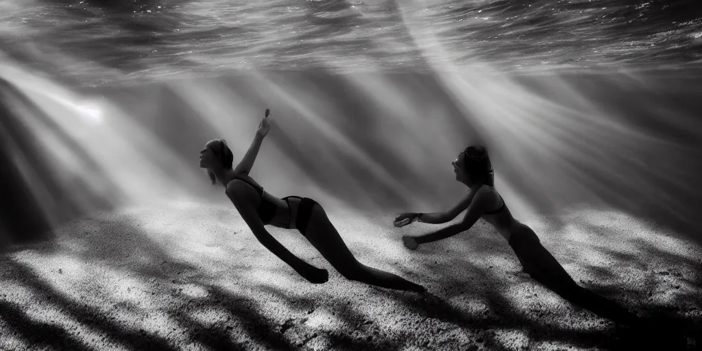 Prompt: female model in deep trench , swimming toward the sun rays and caustics, film , cinematic, black and white underwater photography