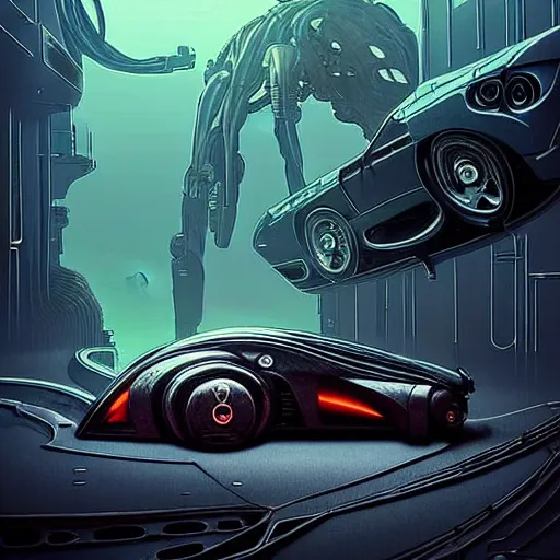 Image similar to shiny cyberpunk vehicle reminiscent of fast car with robotic enhancements parked in ancient mystic woods, gothic and baroque, brutalist architecture, ultradetailed, creepy ambiance, fog, artgerm, giger, Intricate by Ellen Jewett and Josan Gonzalez and Giuseppe Arcimboldo