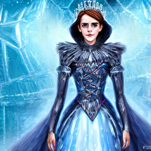 Prompt: emma watson as the Queen of Ice, Ice crystal armor, concept art, 4k, digital art, trending on art station, hd, doll, color, high contrast, expansive backdrop