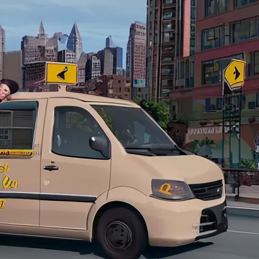 Prompt: ellen degenerates driving a potato van filled with mailmen in pittsburgh real life, 8 k, 4 k uhd, realistic, hyper realistic, super detailed, very detailed, detailed