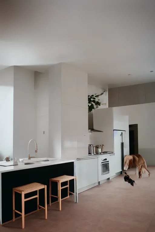 Prompt: Medium Format Portrait Photo of a modern kitchen with a toilet in the middle of the room. A dog is cooking breakfast. award winning, highly detailed, depth of field, Cinestill 800t, wide shot, photo print.