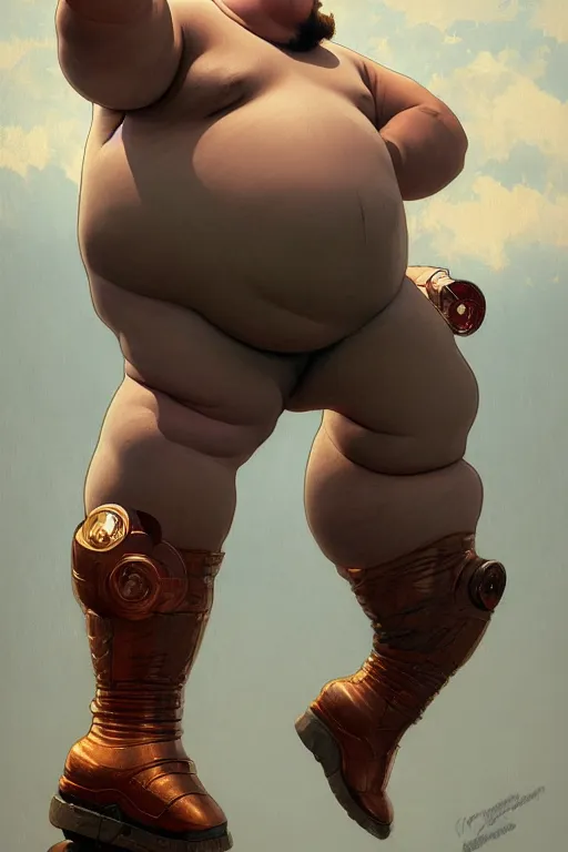 Image similar to an overweight man as a human cannonball, realistic painting, symmetrical, highly detailed, digital painting, artstation, concept art, smooth, sharp focus, illustration, cinematic lighting, art by artgerm and greg rutkowski and alphonse mucha