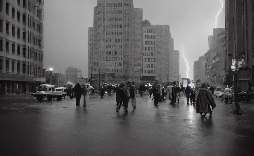 Image similar to 60s movie still of a sovietic street with many pedestrians with stalinist style highrise, Cinestill 800t 18mm, heavy grainy picture, very detailed, high quality, 4k panoramic, HD criterion, dramatic lightning, streetlight at night, rain, mud, foggy, soviet flags