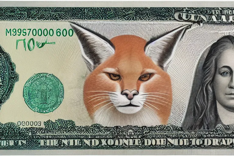 Image similar to one dollar banknote with cute caracal face on it, intaglio style, photo realistic, ultra detailed