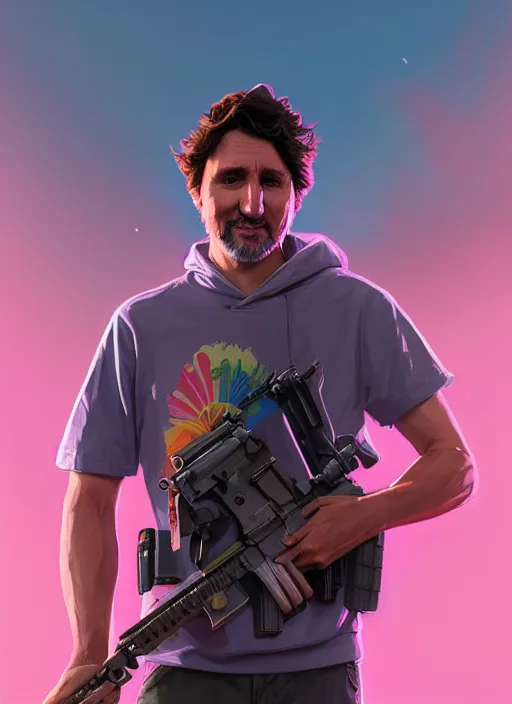 Image similar to highly detailed portrait justin trudeau in ( ( pink hoody rainbow socks ) ) holding ar - 1 5! ( setting costa rica ) in gta v stephen bliss unreal engine fantasy art by greg rutkowski loish rhads ferdinand knab makoto shinkai lois van baarle ilya kuvshinov rossdraws tom bagshaw global illumination radiant light detailed intricate environment