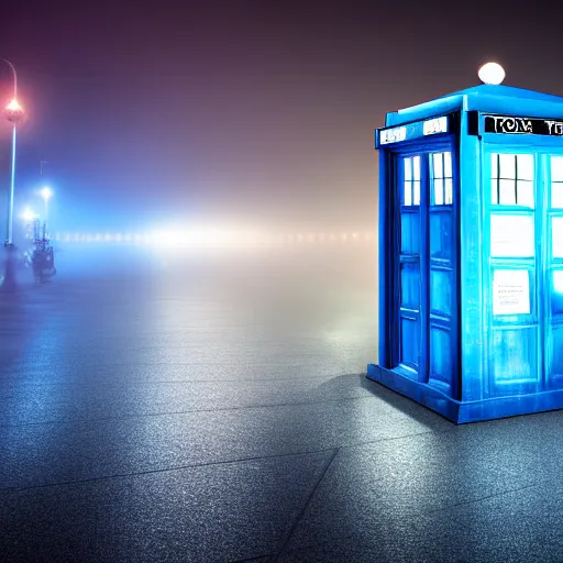 Image similar to a hyperdetailed photograph of the tardis sat on a futuristic street corner, night, dense fog, rain, hd, 8 k resolution