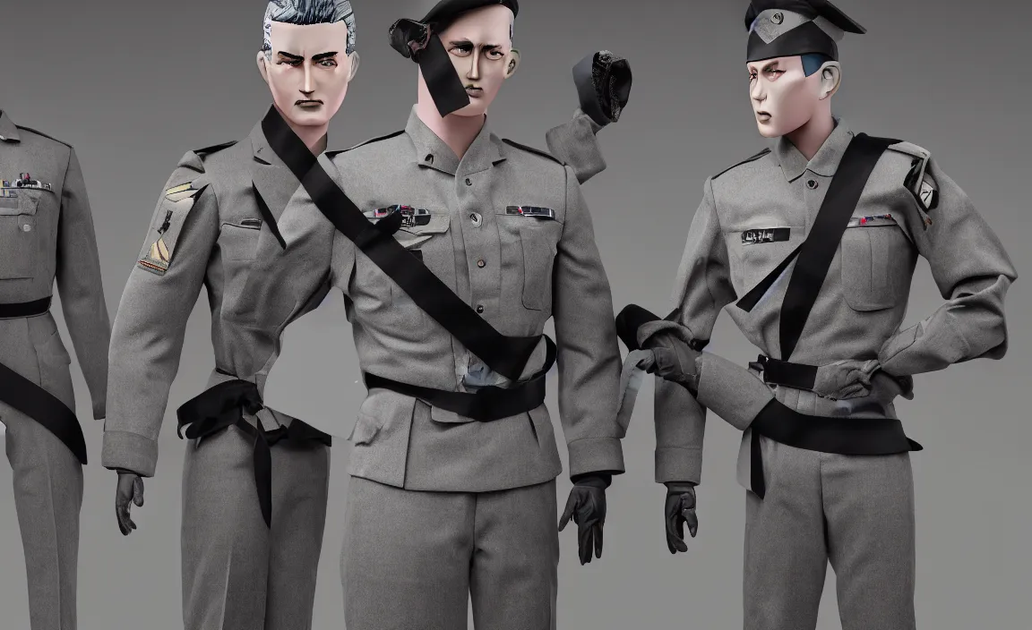 Prompt: costume design, men's grey military uniform on manikin, formal style with black belt and dark ribbons, designed by issey miyaki, valentino garavani, realistic, octane render, ureal engine, product advertising photograph, hyperdetailed.