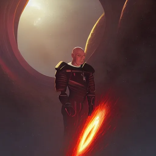 Image similar to Jean Luc Picard killing a bunch of alien species from Star Trek, highly detailed, digital painting, artstation, concept art, smooth, sharp focus, illustration by Artgerm and Greg Rutkowski and Tom Bagshaw