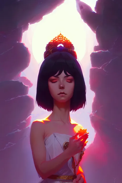 Image similar to extremely beautiful panting of goddess of the realm of the dead, by ilya kuvshinov, greg rutkowski and makoto shinkai, trending on artstation